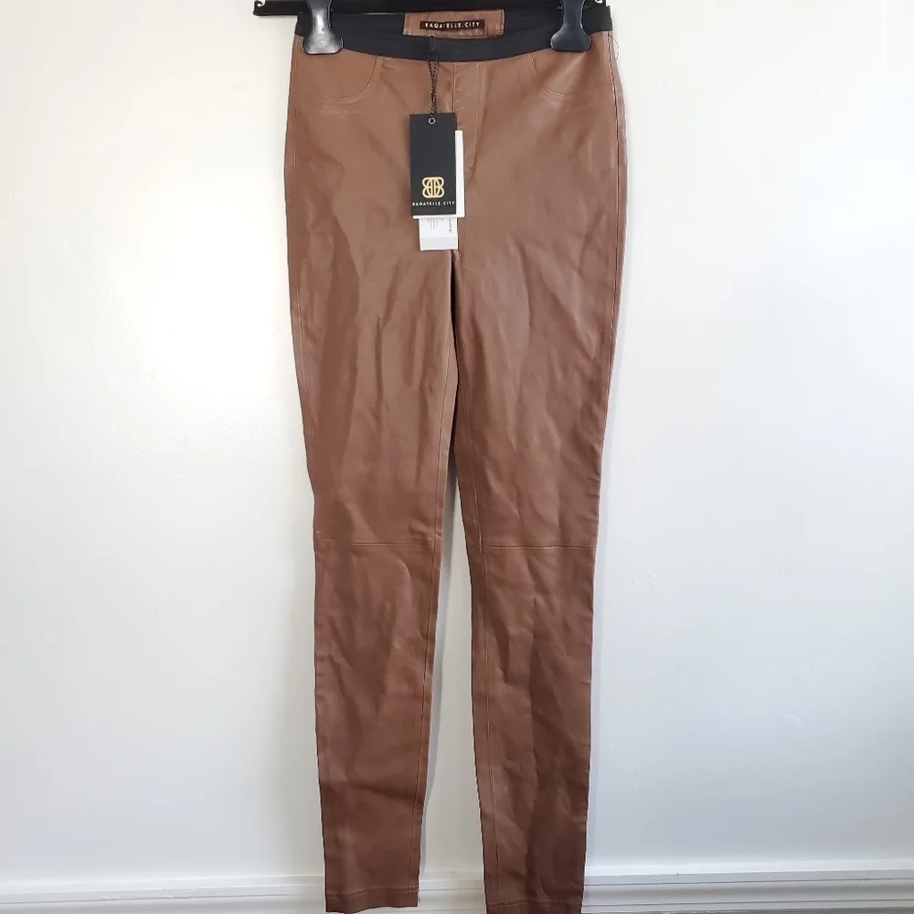 New Bagatelle City Stretch 100% Leather High Waisted Brown Leggings Pants NWT XS